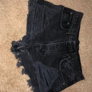 Black distress denim shorts